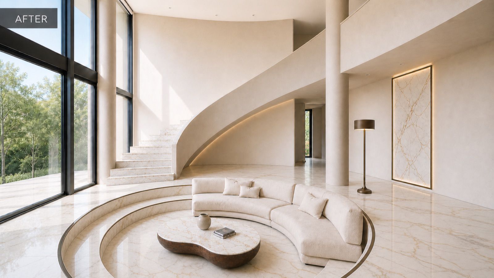 After - the same living room with full white and gold marble floor, staircase and wall