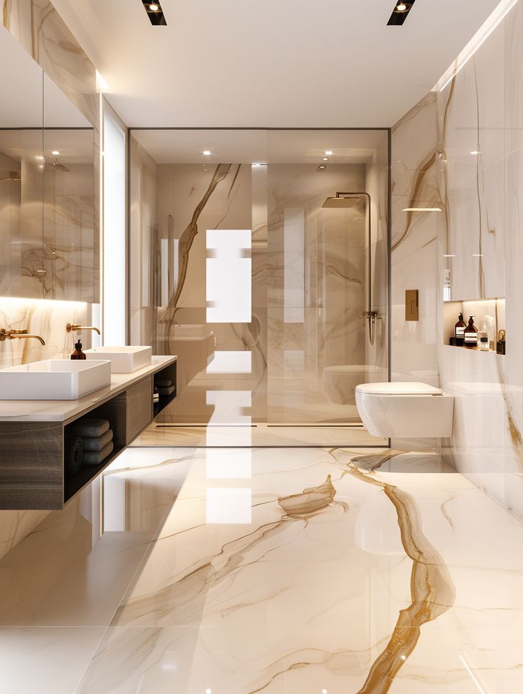 Pristine white and gold marble bathroom